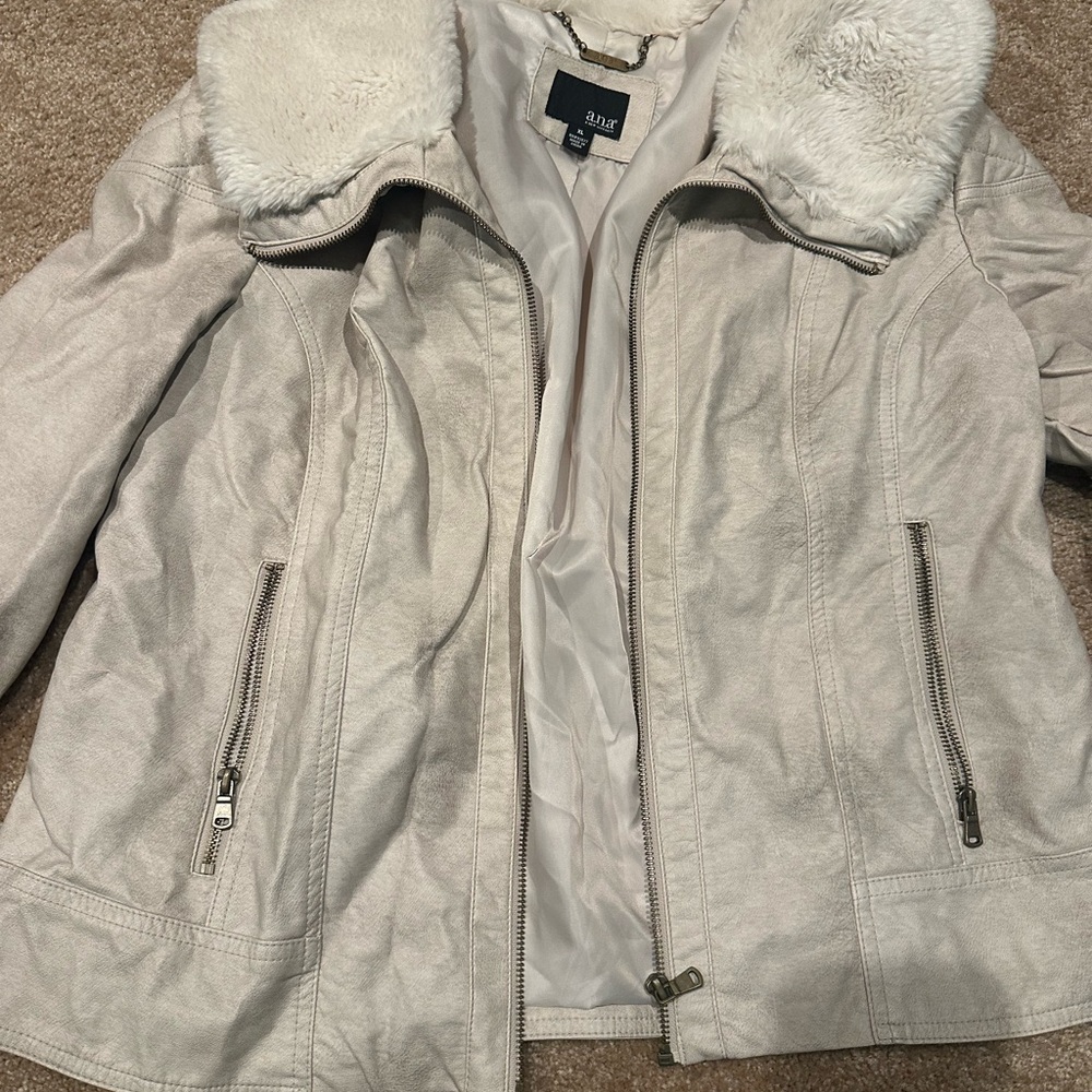 a.n.a Cream Leather Jacket with Faux Fur Collar
